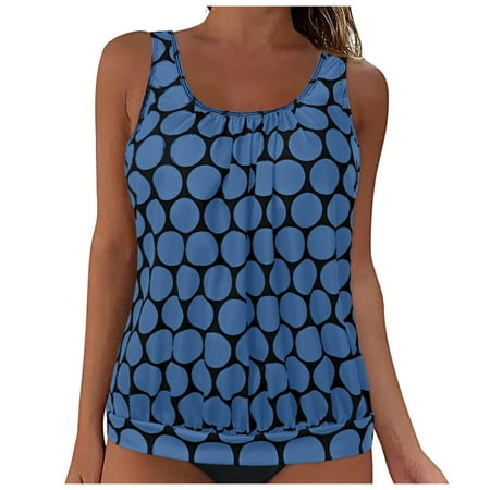 cocolona Womens Plus Size Tankini Tops Built-in Bra Bathing Suit Tops Casual Loose Polka Print Blouson Swimsuits Tops
