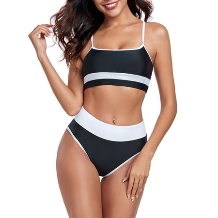 Ocean Blues Women’s Bikini Set 2-Piece Swimsuit Set Criss Cross Back Scoop Neck Color Block Sport Bikinis Tummy Control High Waisted Two Piece Bathing Suits