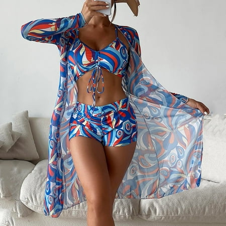Yuwull Bathing Suit for Women 3 Piece Swimsuit Set Drawstring Bikini Set Long Sleeve UPF Cover Up Boho Boy Short Swimwear Set Clearance