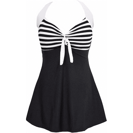 MVPCLO Women One Piece Swim Dress Stripe Tummy Control Swimdress Retro Skirted Swimsuit Bathing Suit