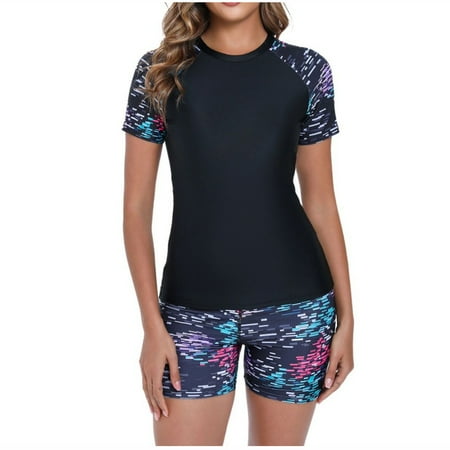 DISKEBUISS Wetsuit for Womens Color Block Plus Size Swimsuit Two Piece Swimsuit with Bottom S-XXL