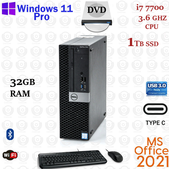 Windows 11 DELL Desktop Computer i7-7700 32GB RAM 1TB NVME SSD USB-C Office 2021