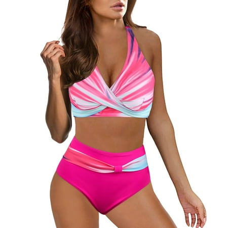 Aayomet Bikini Sets for Women Swim Top with Built in Bra Two Piece Swimsuit Sexy Push Up Bikini Vintage Beach Hawaii Swimwear (Hot Pink, M)