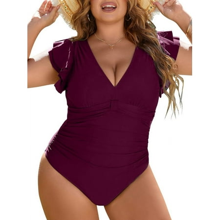 Inadays Plus Size One Piece Bathing Suit for Women Sexy Tummy Control Swimsuit Flutter Sleeve Swimwear Full Coverage Retro Ruffle Monikini, Purple, L