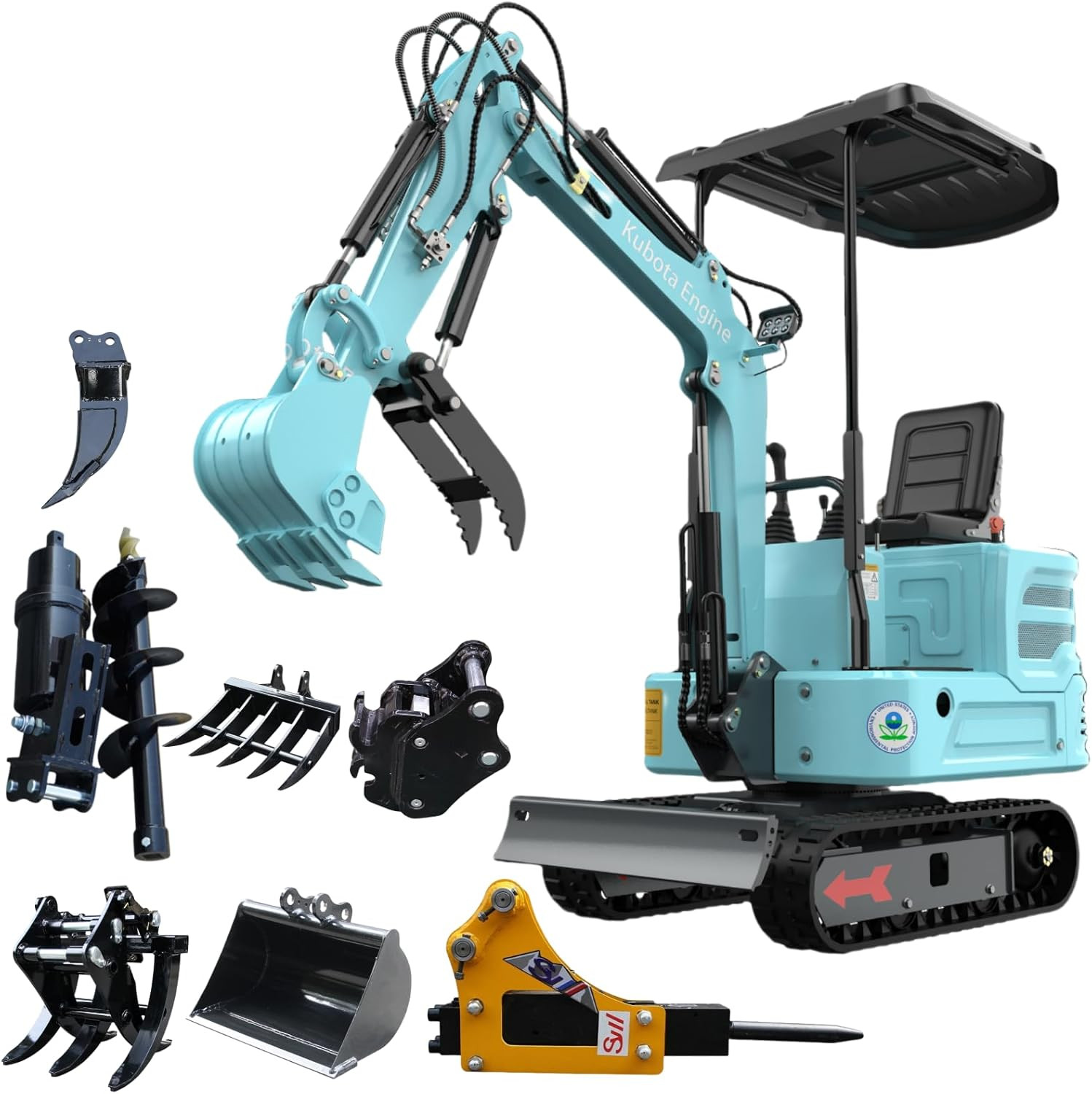 1.4Ton Kubota Diesel Mini Excavator Hydraulic Thumb 7 Attachments USA Free Ship