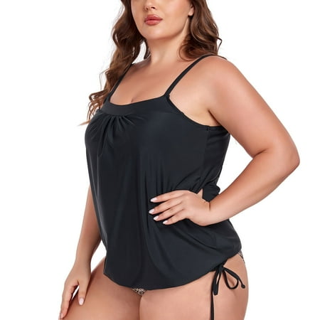 OCEAN BLUES Women’s Plus Size Tankinis Square Neck Swimwear Top Only Loose Fit Blouson Tankini Top Bathing Suit, Black, Size Large