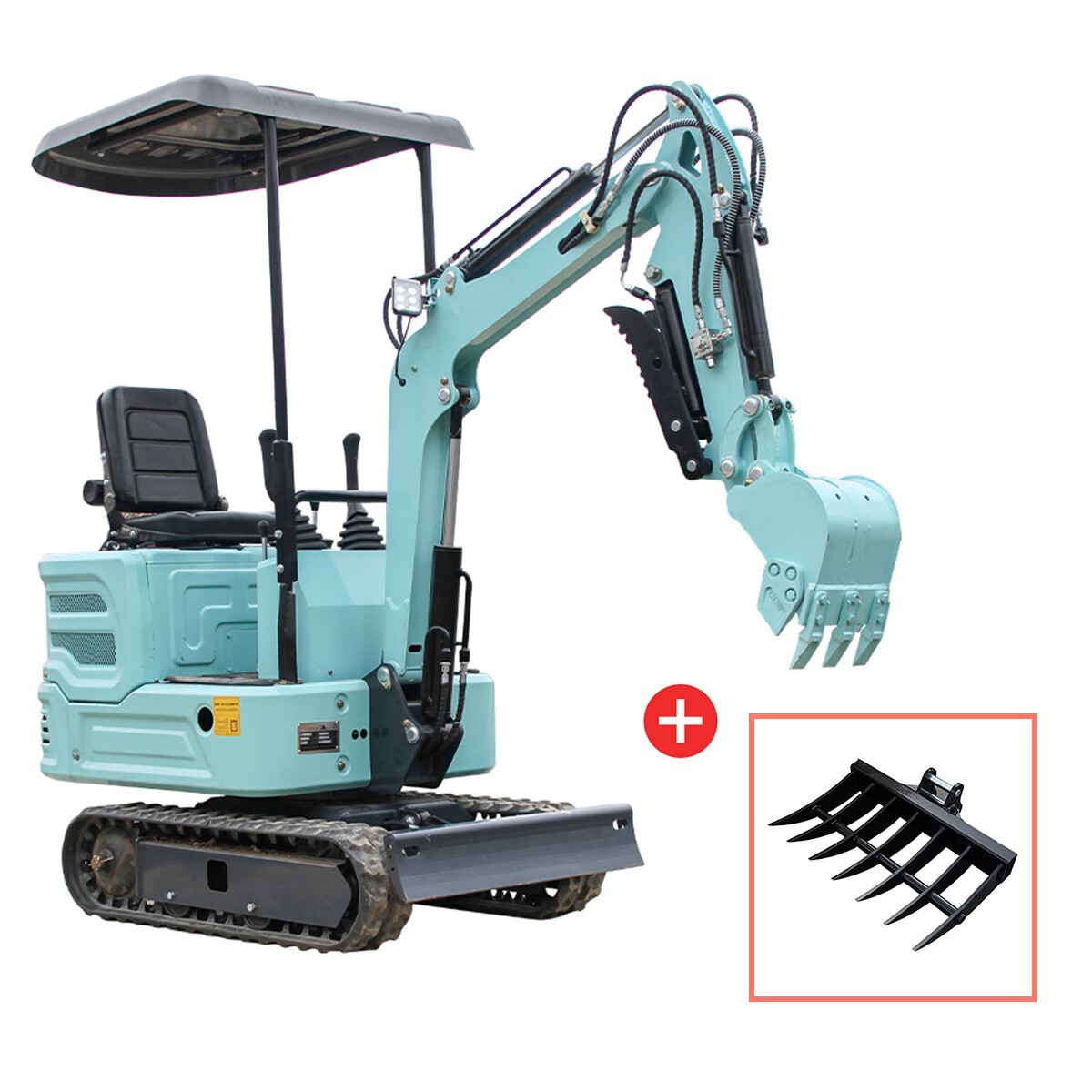 Mini Excavator + 600mm Rake Hydraulic Diggers with Kubota Engine USA Warehouse