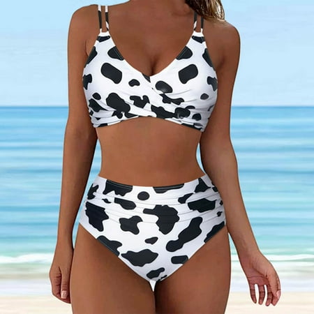 QUNYINEY Bikinis Swimsuit for Women V Neck Cow Print Spaghetti Straps Bathing Suit Two Piece High Waisted Swimsuit Sets