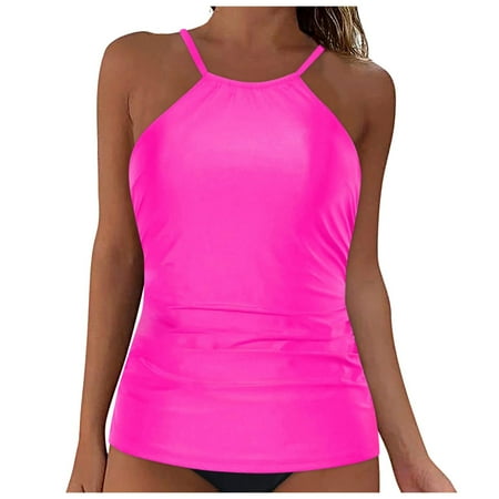GEWSEY Two Piece Tankini Set Tummy Control Swimsuit for Women High Neck Top with Bottom Bathing Suits Ruched Swimwear Hot Pink, XXL