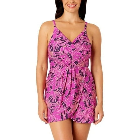 Land’s End Skirted One Piece Swimsuit Swim Dress Tropical Purple S