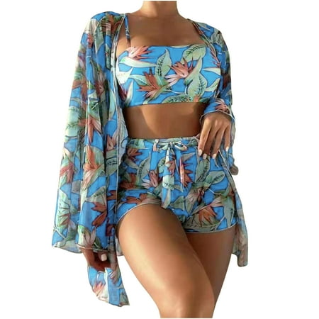 Lovskoo 3 Piece Swimsuits for Women 2024 Boho Outfits Floral Tropical Bikini Short Sets Summer Beach Cover Ups Sky Blue