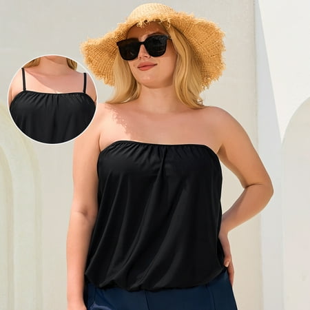 Ocean Blue Removable Straps Women’s Plus Size Loose Fit Blouson Bandeau Tankini Top Bathing Suit Strapless Tankinis Swimsuits Black