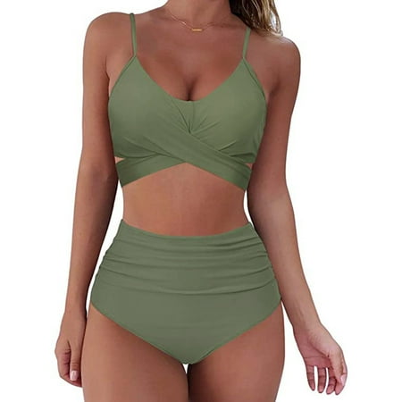 Eashery Women’s Tankini Swimsuit Sets Women Soild Print Bikini Set Push Up Bathing Swimwear High waist Swimsuit Womens Swimwear Plus Size Army Green 2XL