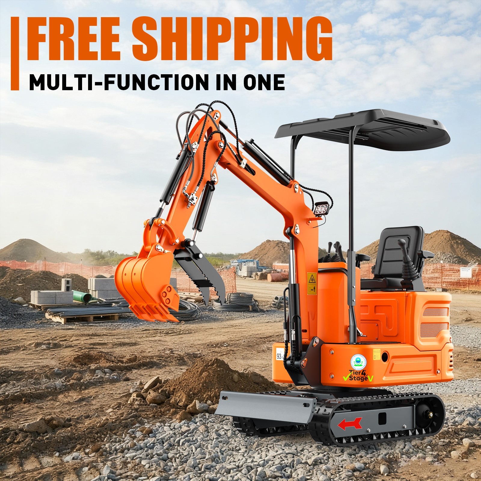 1 Ton Mini Excavator Gas Powered w/ Hydraulic Thumb, 13.5HP Briggs Engine