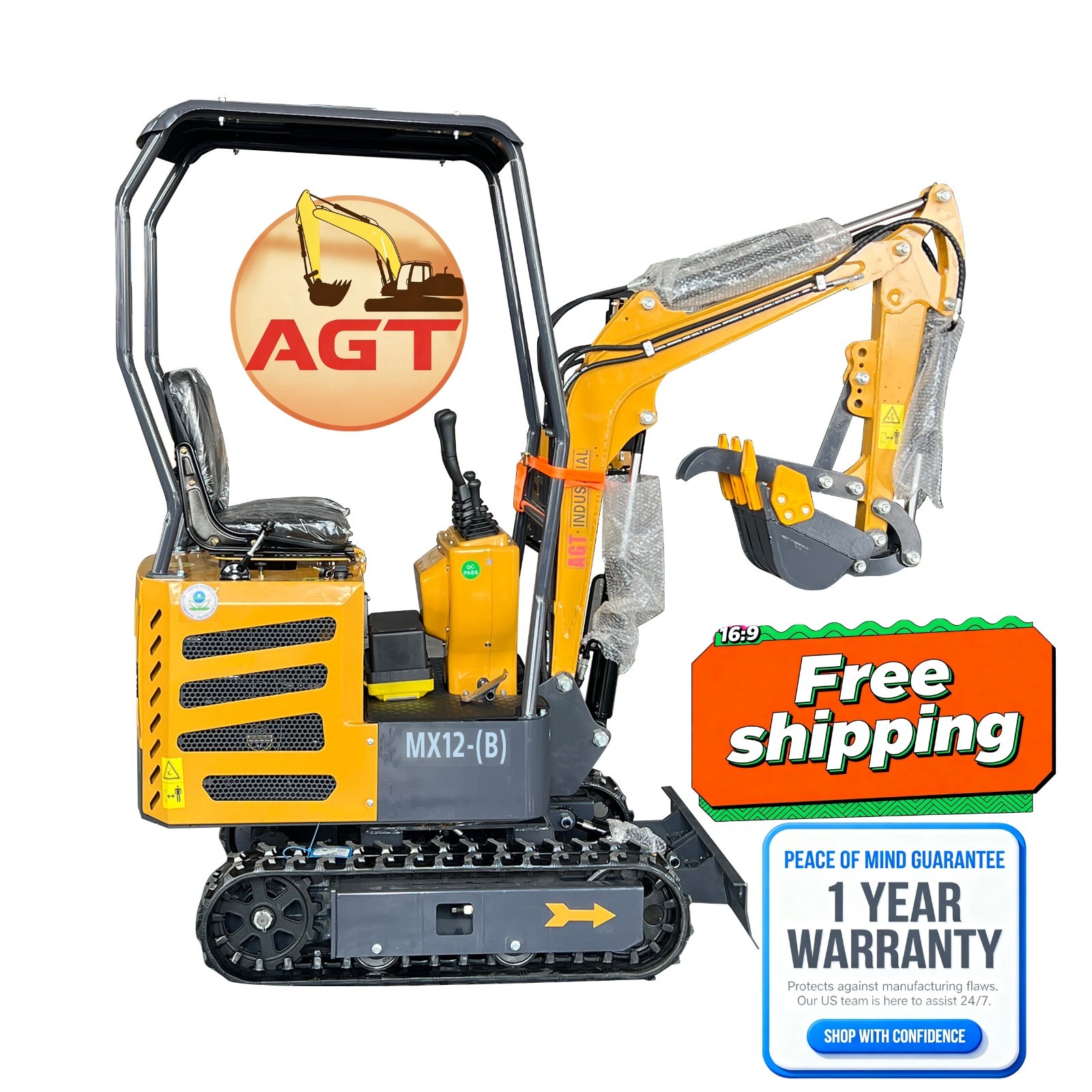 AGT-MX12-B 1-Ton 13.5 HP Mini Excavator w/Pilot Control With Hydraulic Thumb