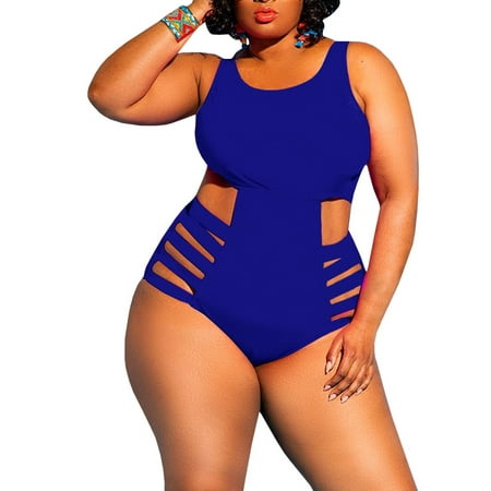 LANGWYQU Women’s Plus Size Hollow-Up Slim One-Piece Swimsuit, Size 4XL, Blue