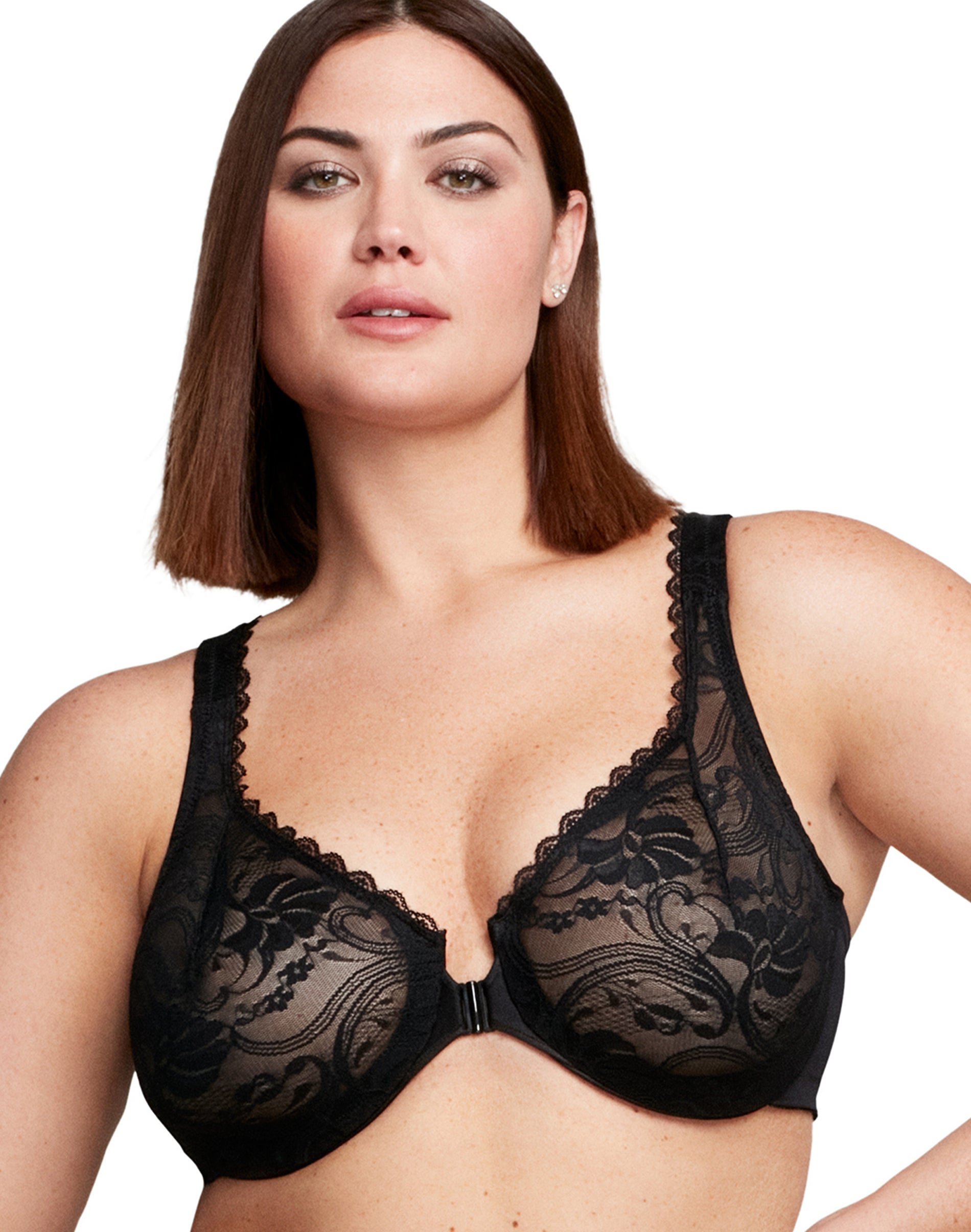 Glamorise Full Figure Plus Size WonderWire Front Close Stretch Lace Bra Black 46D Women’s