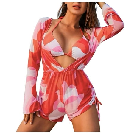 QIPOPIQ Bikinis for Women with Bikini Cover Up 3 Piece Swimsuit Print Halter Drawstring Side Bikini Set With Cover Up Bikinis Sets Summer Clearance