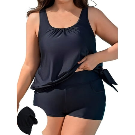 Asoul Plus Size Tankini Swimsuit for Womens Two Piece Tankini Tops with Shorts and Pockets Tummy Control Swimsuit