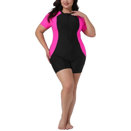 Agnes Orinda Women’s Plus Size One Piece Swimsuits Contrast Colors Tummy Zipper Crew Neck Short Sleeve Beach Swimwear 1X Hot Pink