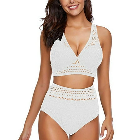 UTTOASFAY Women Swimsuits On Clearance Women’S Two Pieces Crochet Lace High Waist V Neck Bikini Set Swimsuit White XL