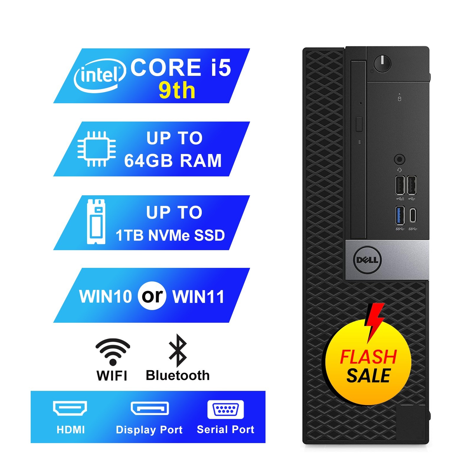 DELL Desktop Computer PC Core i5 9TH, 64GB RAM, 1TB NVMe SSD,Win 10/11,Wifi+BT