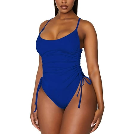 Gibobby Women’s Tummy Control Swimsuits Ruched One Piece Bathing Suit Deep V Neck Swimsuit(Blue,L)