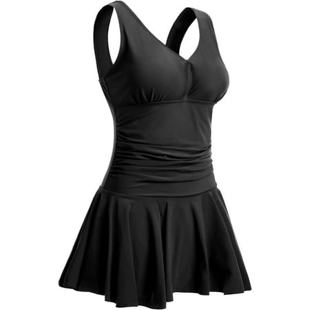 UTSJKR Deals Women’s Plus-Size Solid Shaping Body One Piece Swim Dresses Swimsuit Long Torso Tummy Control Swimdress Black XXXXL