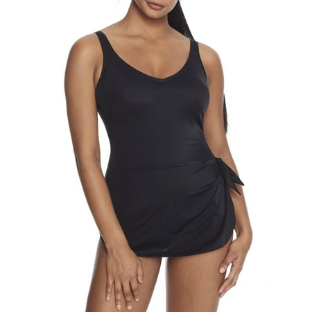 Roxanne BLACK Solids V-Neck Sarong Wirefree One-Piece Swimsuit, US 10/34D