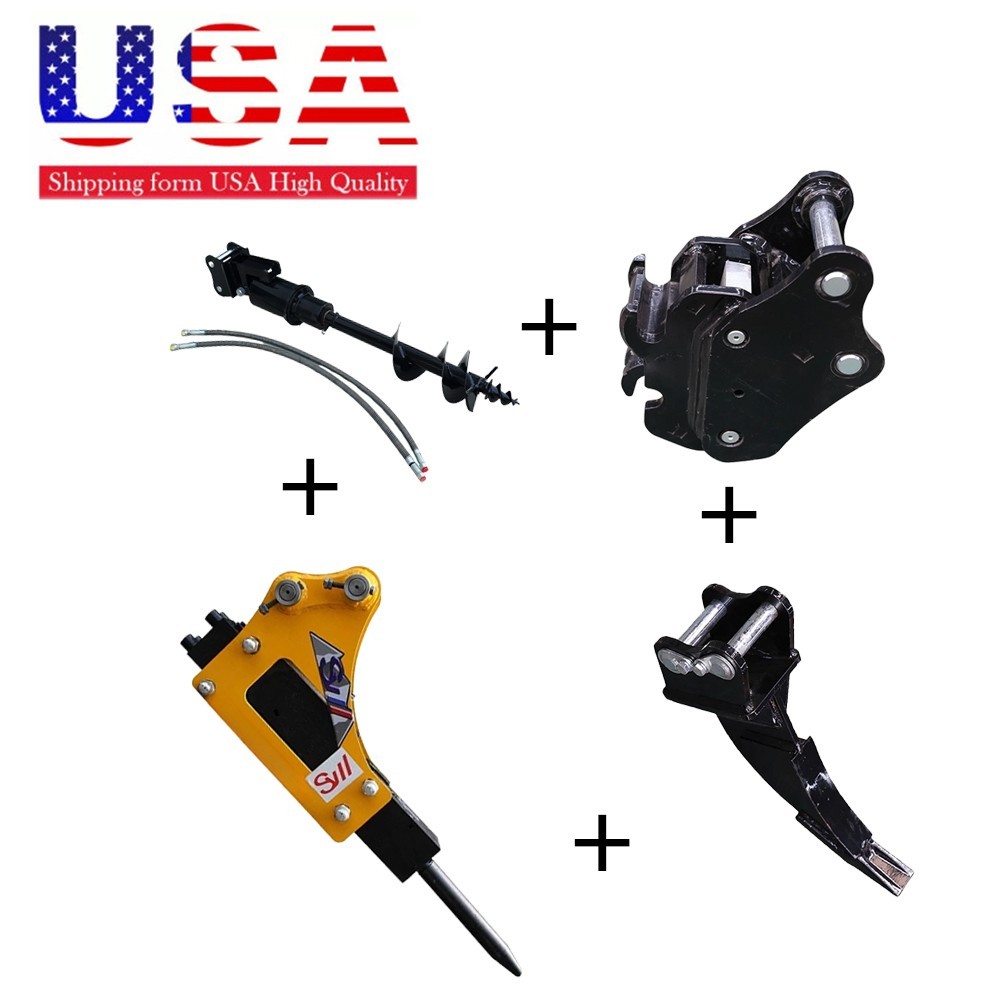 Mini Excavator Attachments Quick Change Hitch+Breaker Hammer+Ripper+200mm Auger