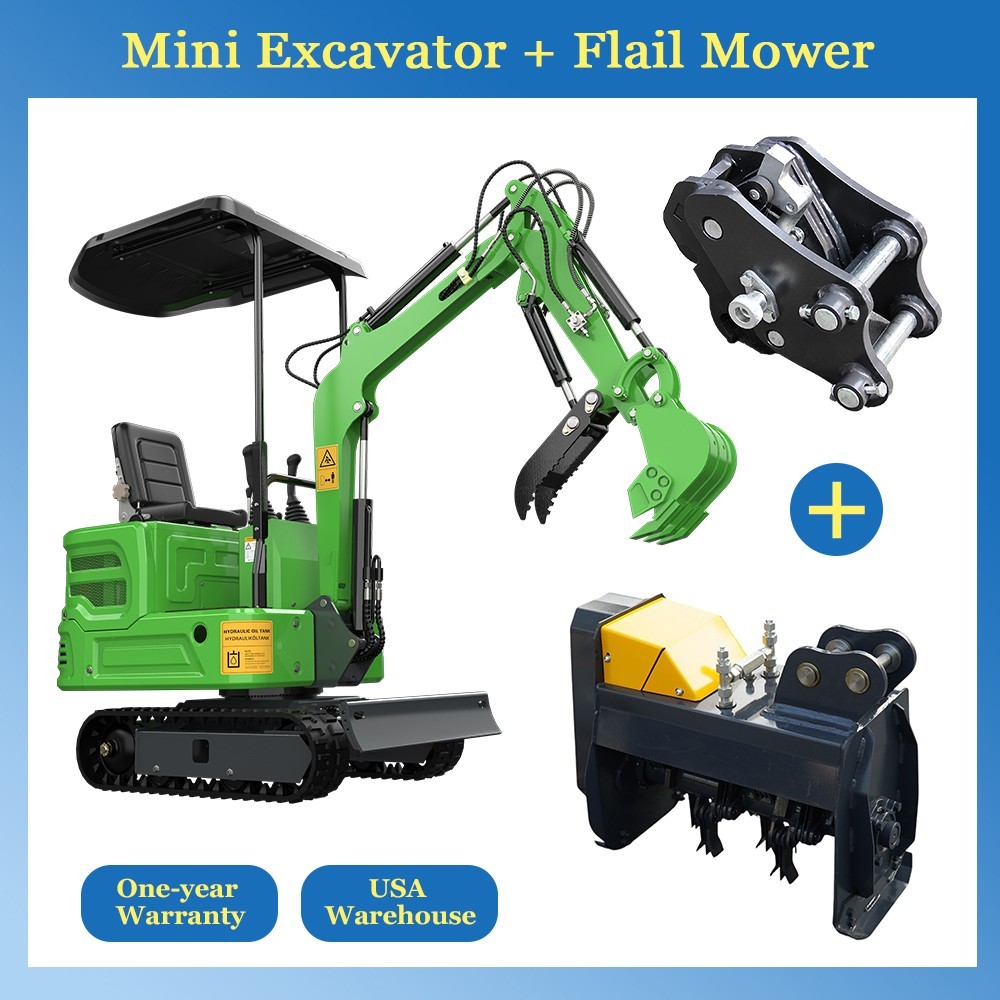 Mini Excavator Machine Mini Digger + Flail Mower + Quick Change Hitch Attachment