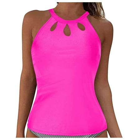 Linfrsh High Neck Tankini Top Backless Bathing Suit Tops for Women Swimsuit Top Key Hole Swim Top Only Hot Pink,L