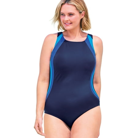 Swim 365 Women’s Plus Size Colorblock One-Piece Swimsuit With Shelf Bra