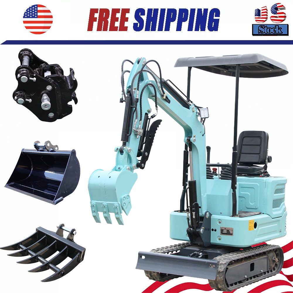 1.4Ton Mini Excavator Kubota Engine + Quick Hitch Mud Bucket Rake Attachment US