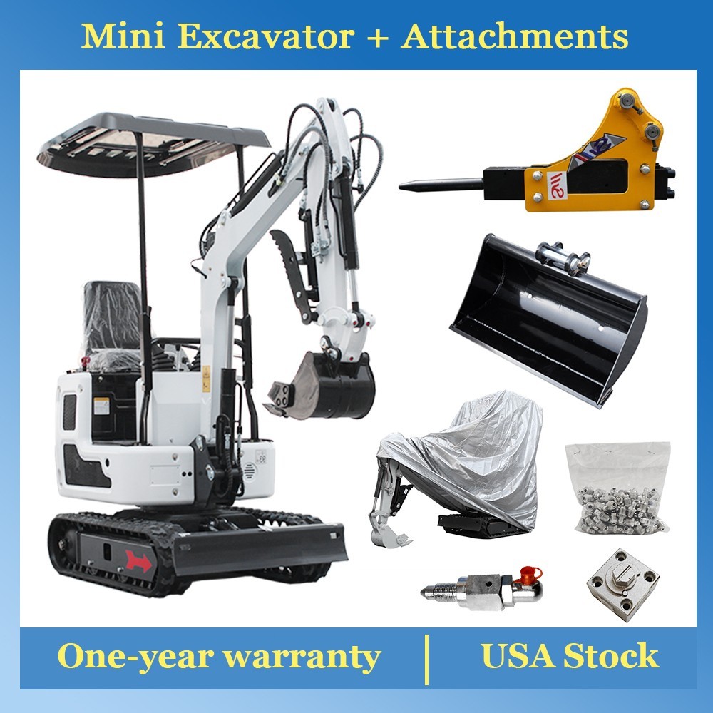 2200lbs Mini Excavator Pilot Control Digger + Breaker Hammer + Bucket B&S Engine