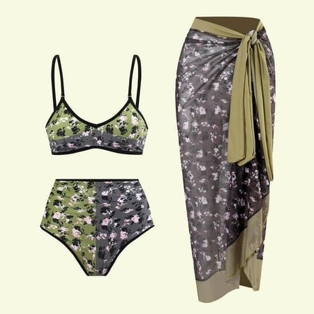 Swimsuit Cover Up Two Piece Set,Womens One Piece Swimsuit with Beach Cover Up Wrap Skirt Set Floral Bathing Suit