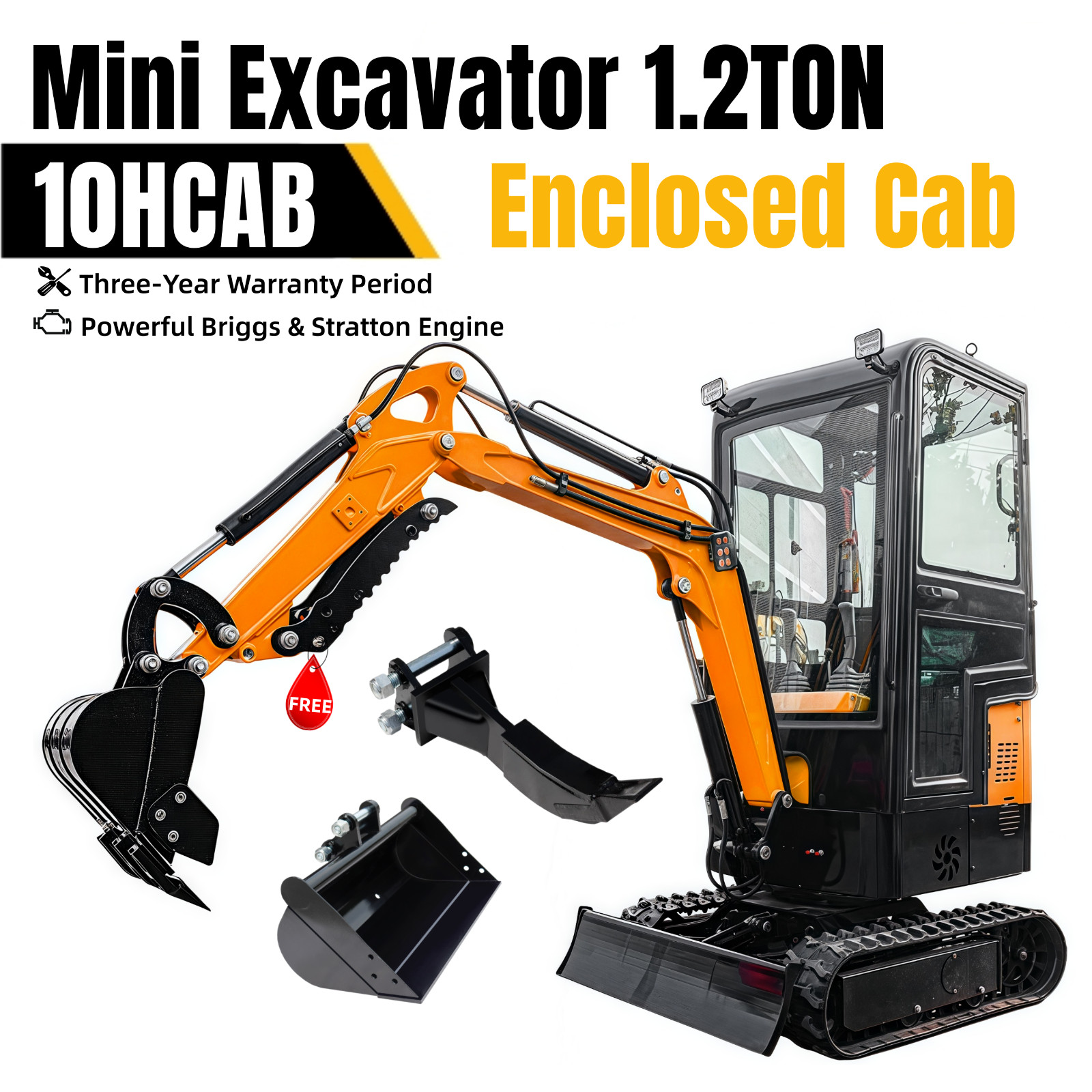 1.2 Ton Mini Excavator 13.5HP Small Tracked Digger With Enclosed Cab EPA Engine