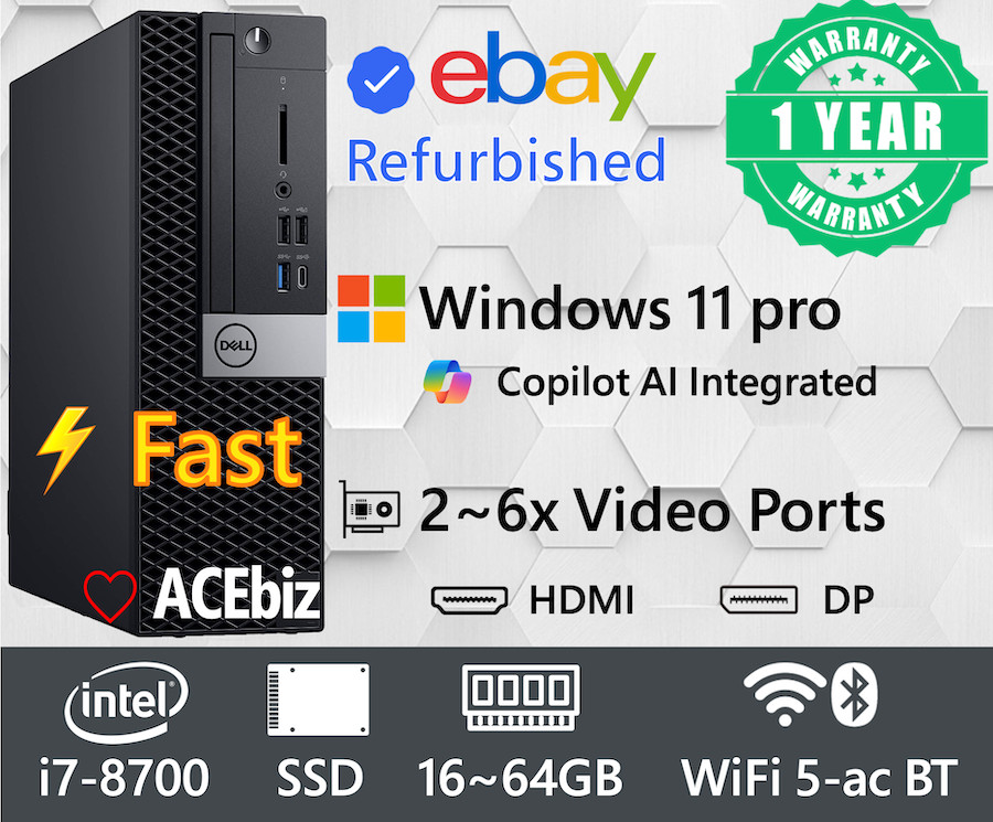 Dell i7-8700 Windows 11 pro Desktop Computer PC SSD WiFi BT up to 64GB RAM HDMI