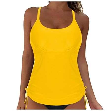 TOWED22 Womens Tankini Swim Top Only Loose Fit Swim Top Tummy Control Tankini Bathing Suit Tops No Bottom（Yellow,S）
