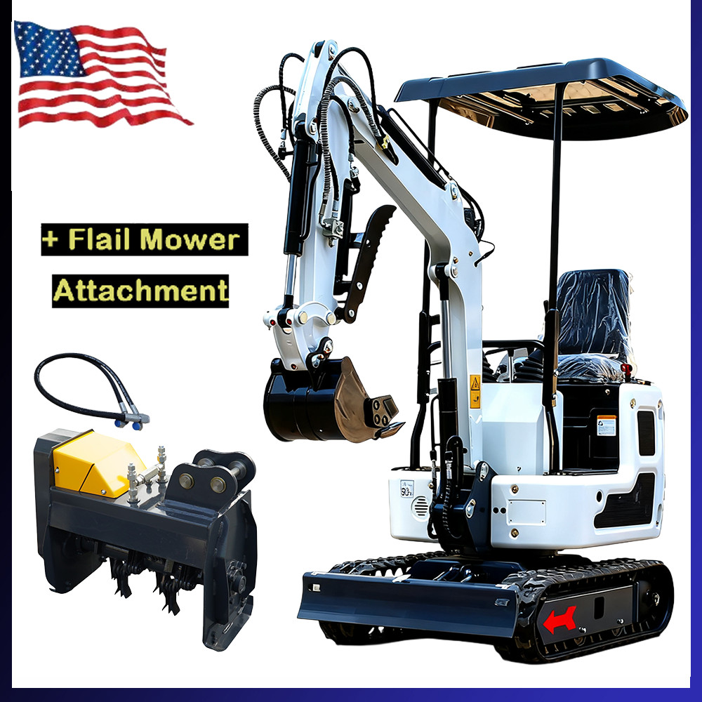 1 Ton Mini Excavator + Flail Mower Attachment B&S Engine Track Hydraulic Thumb