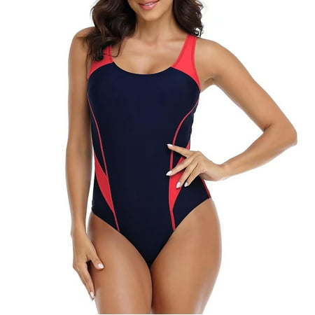 One-Piece Swimsuit for Ladies ,CALAFEBILA Summer Casual Sexy High Waist Monokini Shaperwear Color Block Racerback Modest Full Coverage Tummy Control Swimwear for Ladies