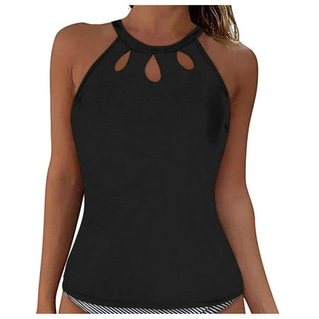 TOWED22 Women Tankini Top Only High Neck Bathing Suit Top Tummy Control Swimsuit Top Ruched Swim Top Without Bottom(Black,XXL)
