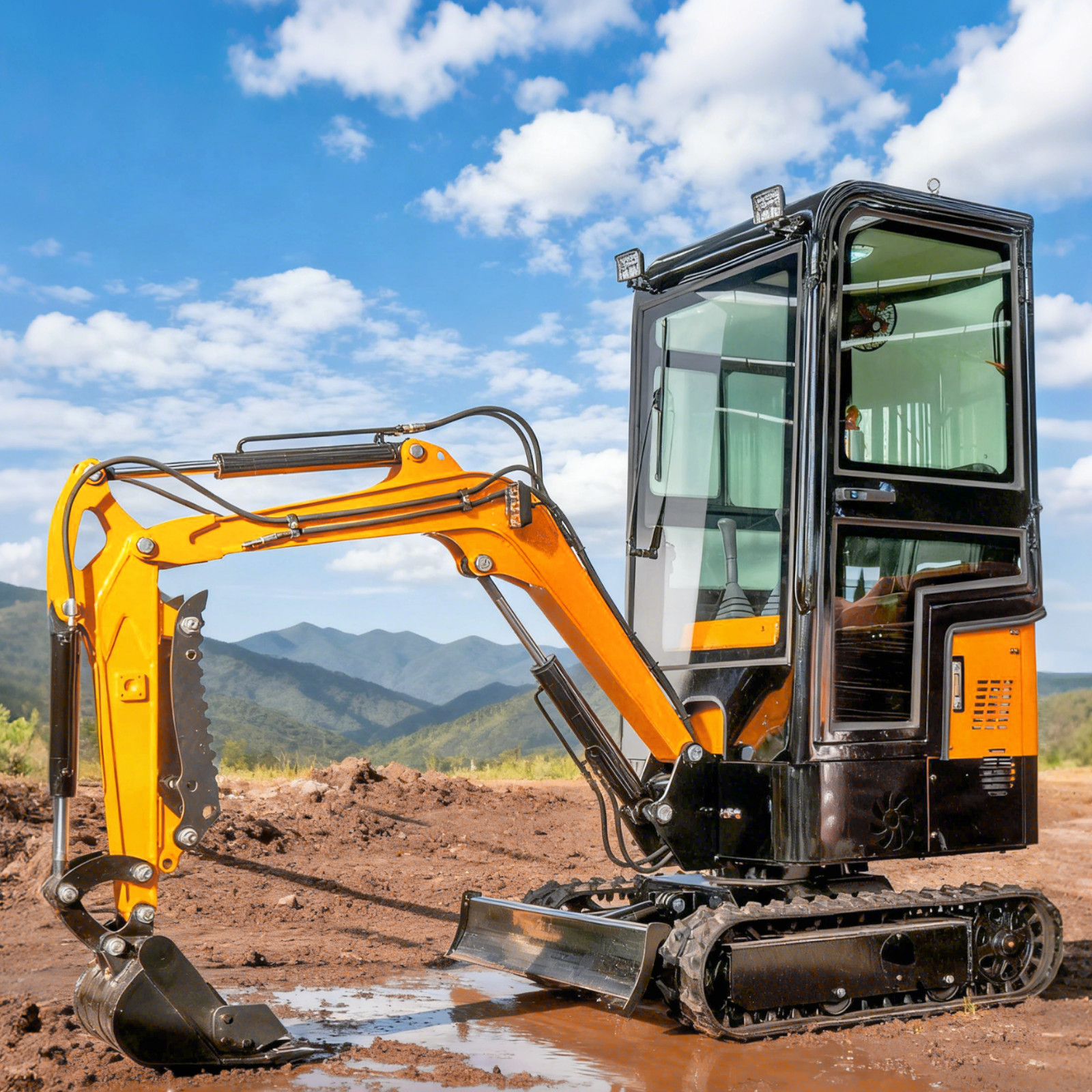 Mini Excavator With Cab 13.5hp 1.2 TON Rubber Tracked Small Digger Gas Engine