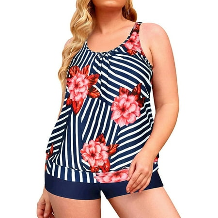 Plus Size Tankini Swimsuits for Women Blouson Swim Tops with Boyshorts Two Piece Bathing Suits