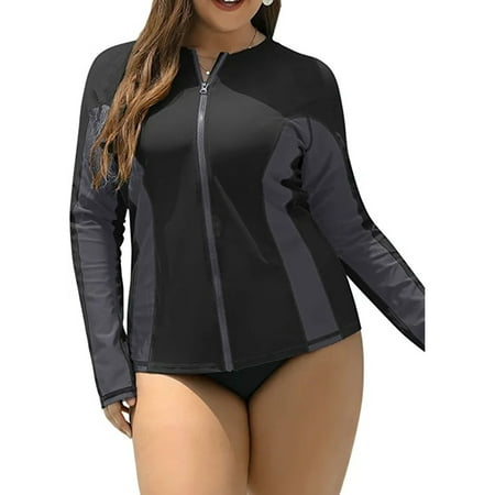 Women’s Color Blocked Plus Size Swimsuit Zipper Front Swimwear UPF 50+