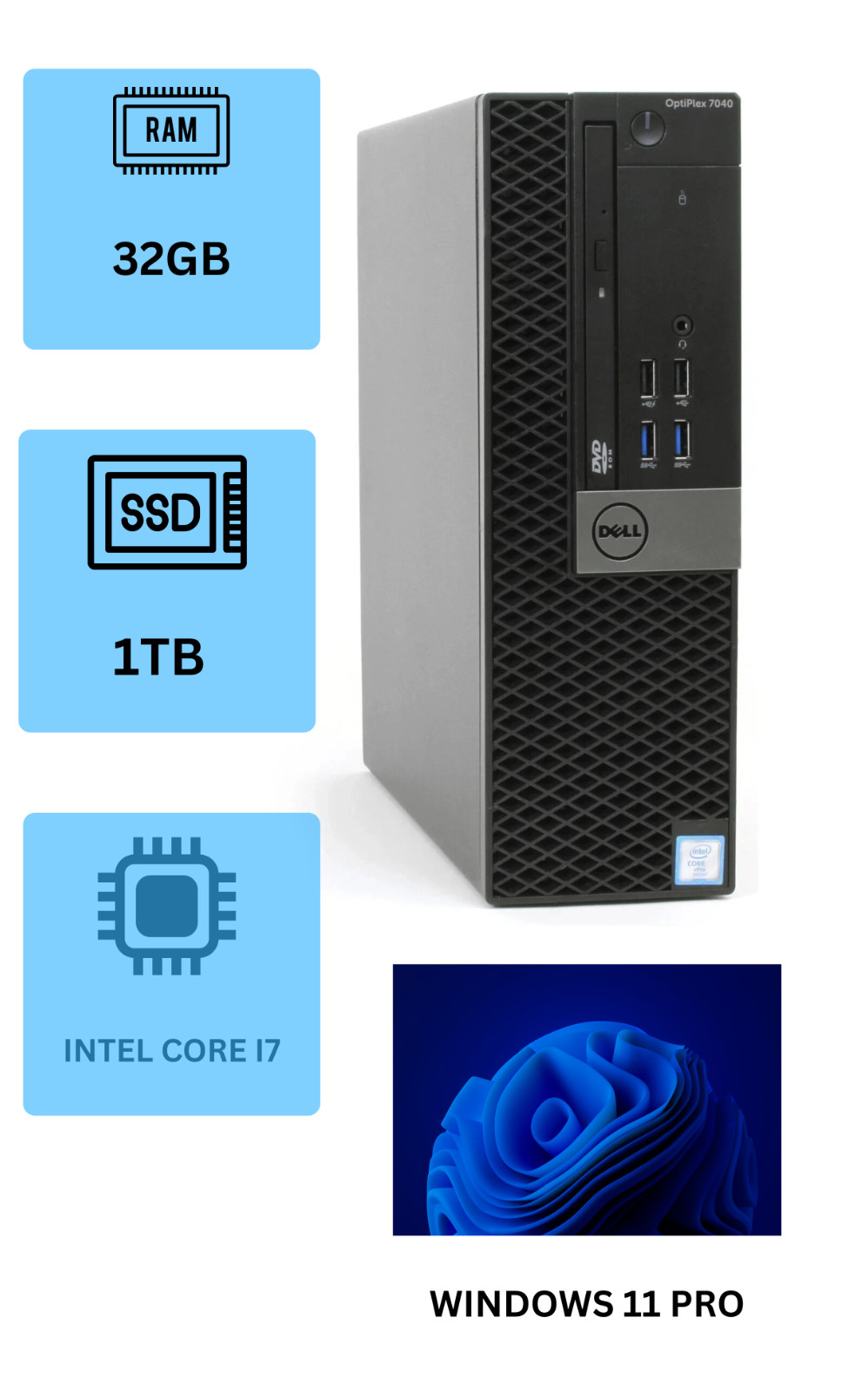 Dell Desktop i7 Computer PC SFF 32GB RAM 1TB SSD Windows 11 Pro WiFi BT