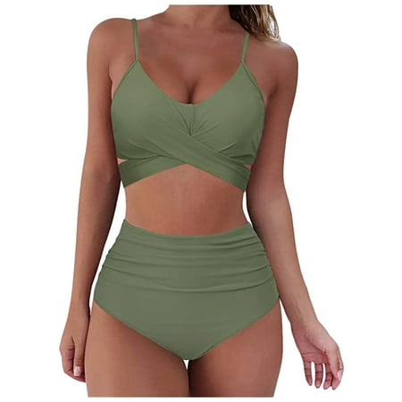 Eashery Women’s Tankini Swimsuit Sets Women Soild Print Bikini Set Push Up Bathing Swimwear High waist Swimsuit Womens Swimwear Plus Size Army Green XL