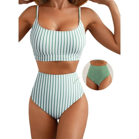Eytino Womens Bikini Womens High Waisted Bikini Sets Color Block Swimsuit Tummy Control Swim Suits 2 Piece Bathing Suits Swim Top with Reversible Bottom Green