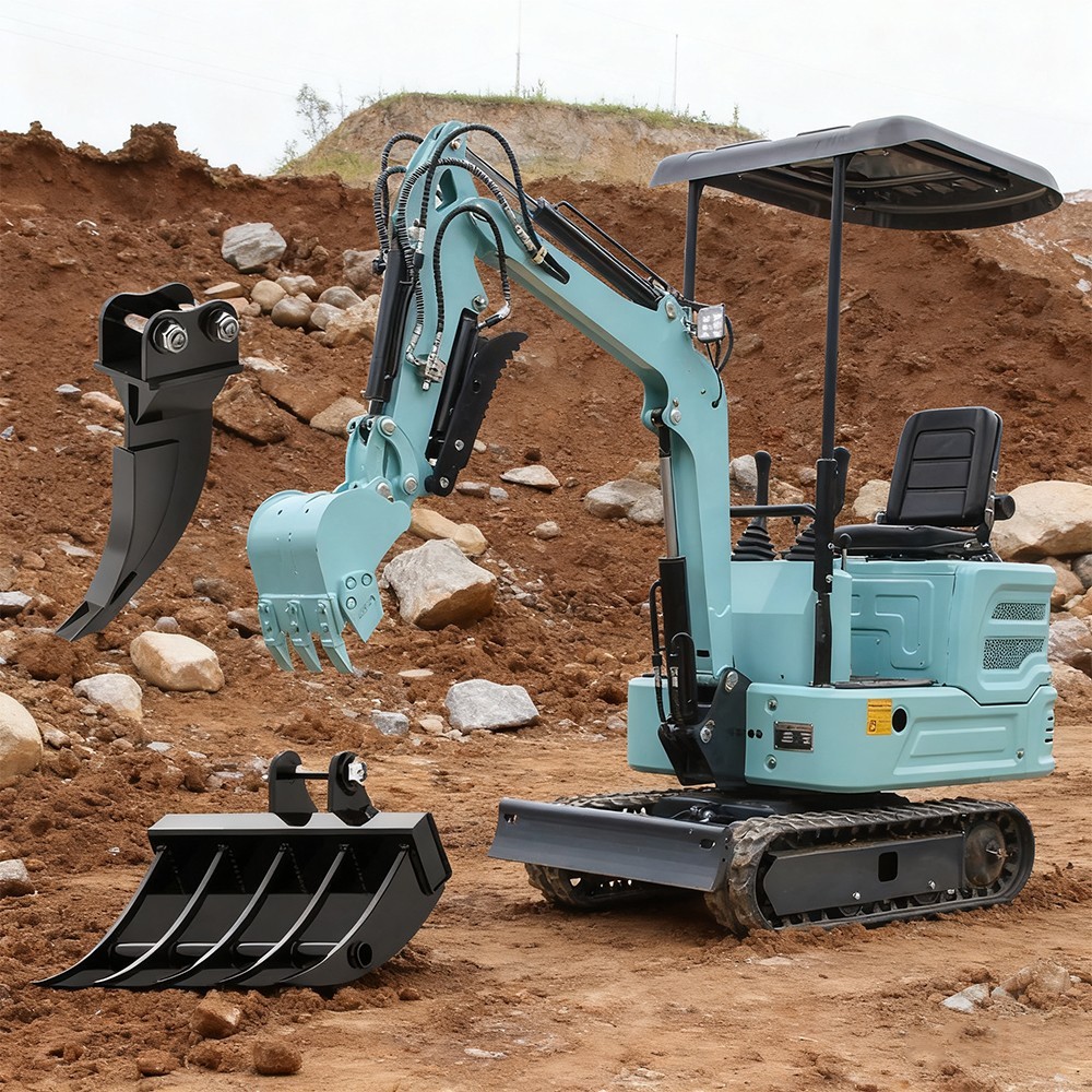 1.4Ton Mini Excavator KUBOTA Digger Diesel Engine with Attachment Rake Free Ship