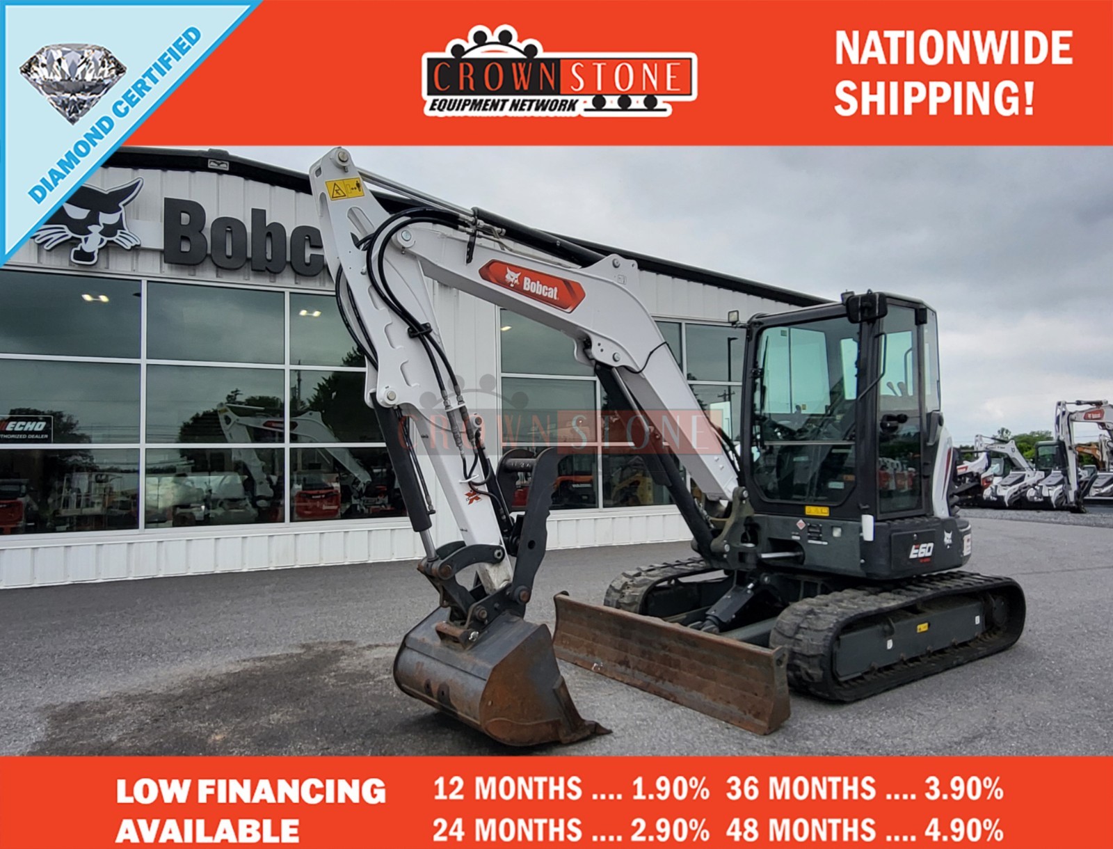 2021 BOBCAT E60 R2 MINI EXCAVATOR, 158HRS, CAB, HEAT&A/C, 2SPD,HYD THUMB,AUX HYD